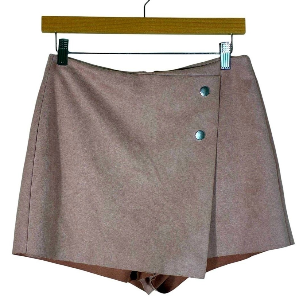 Zara Basic Faux Suede Wrap Front Skort Mauve Pink Minimalist Snap Detail Size M